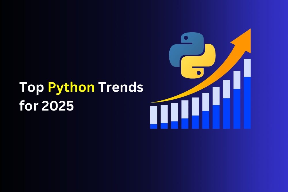 Abstract representation of Python programming trends for 2025 with code snippets, data visualizations, and AI-related icons in a futuristic digital interface