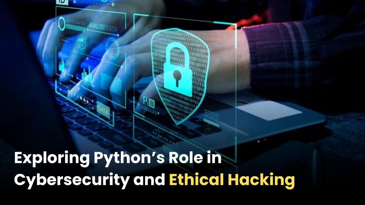 Cybersecurity expert using Python scripts for ethical hacking on a laptop screen displaying code and network visualization.